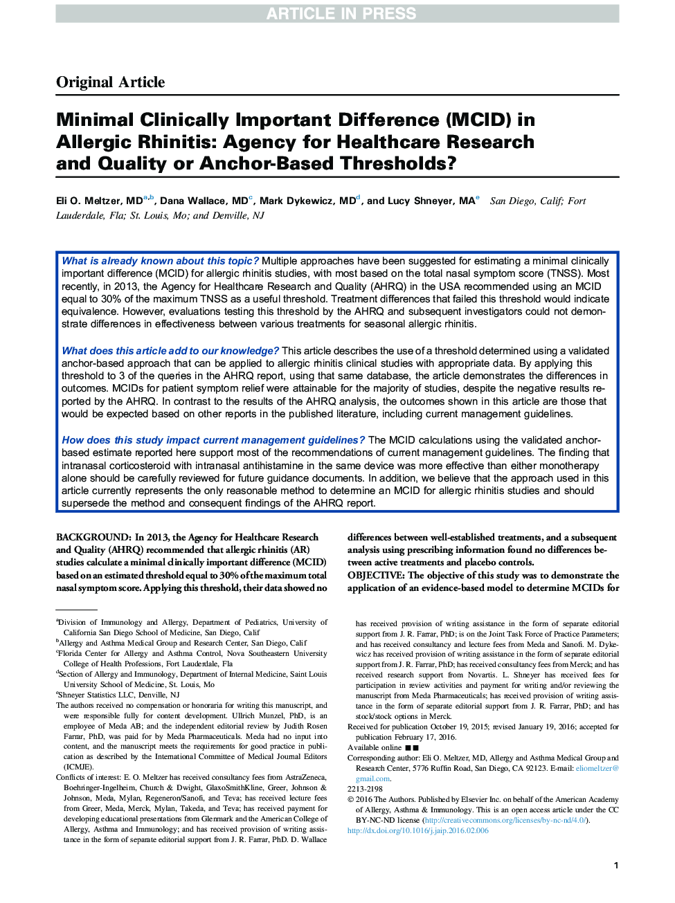 Minimal Clinically Important Difference (MCID) in Allergic Rhinitis: Agency for Healthcare Research and Quality or Anchor-Based Thresholds?