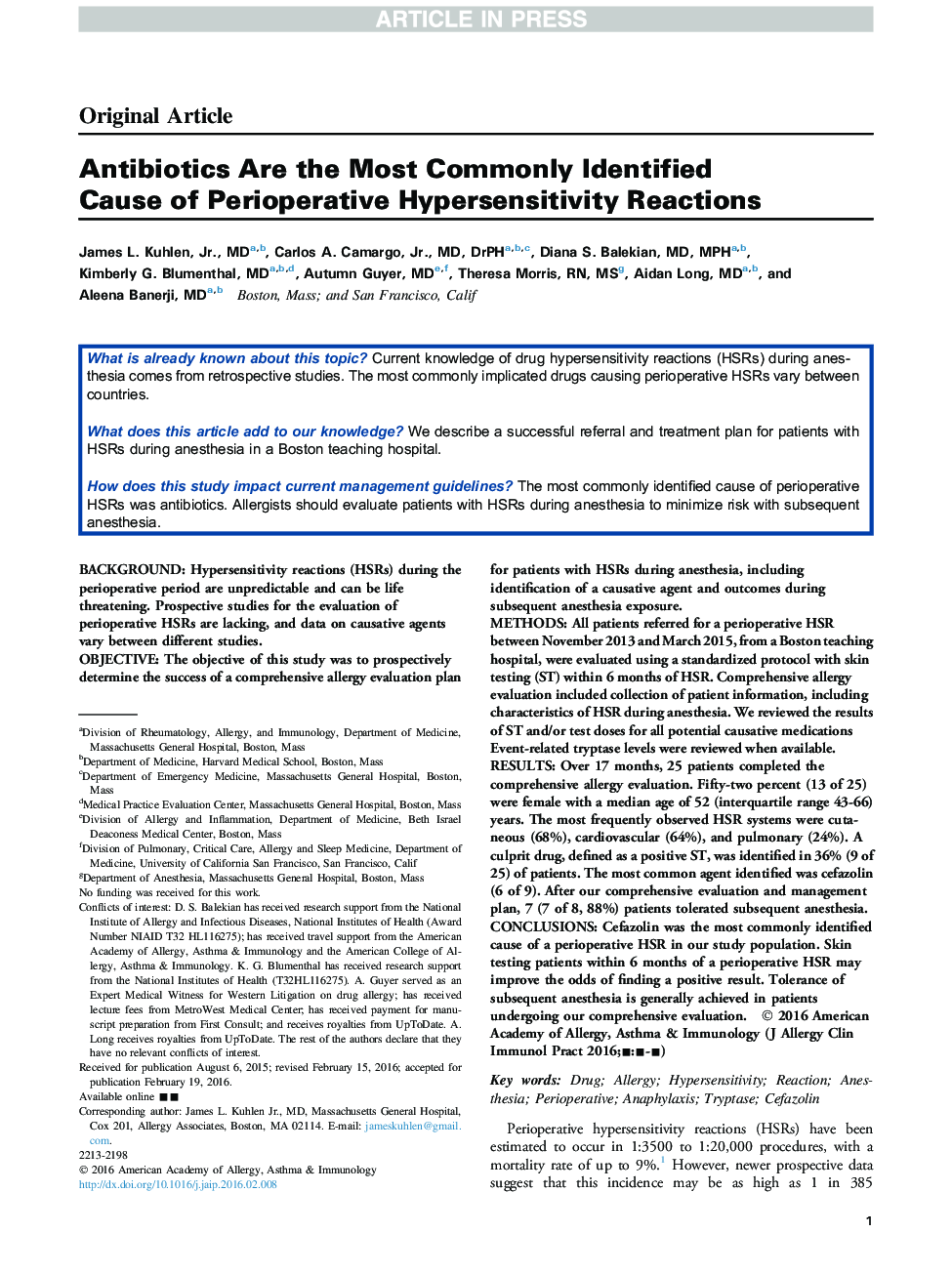 Antibiotics Are the Most Commonly Identified Cause of Perioperative Hypersensitivity Reactions