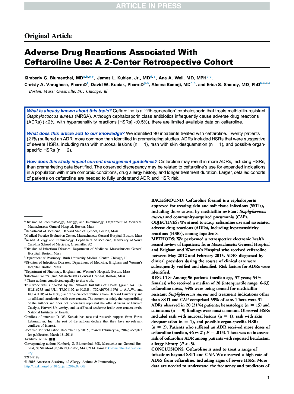 Adverse Drug Reactions Associated with Ceftaroline Use: A 2-Center Retrospective Cohort