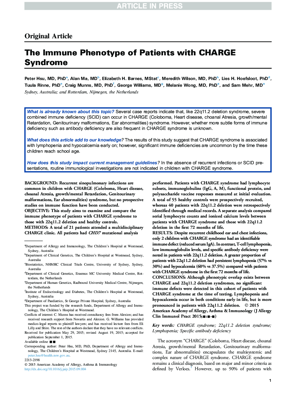 The Immune Phenotype of Patients with CHARGE Syndrome