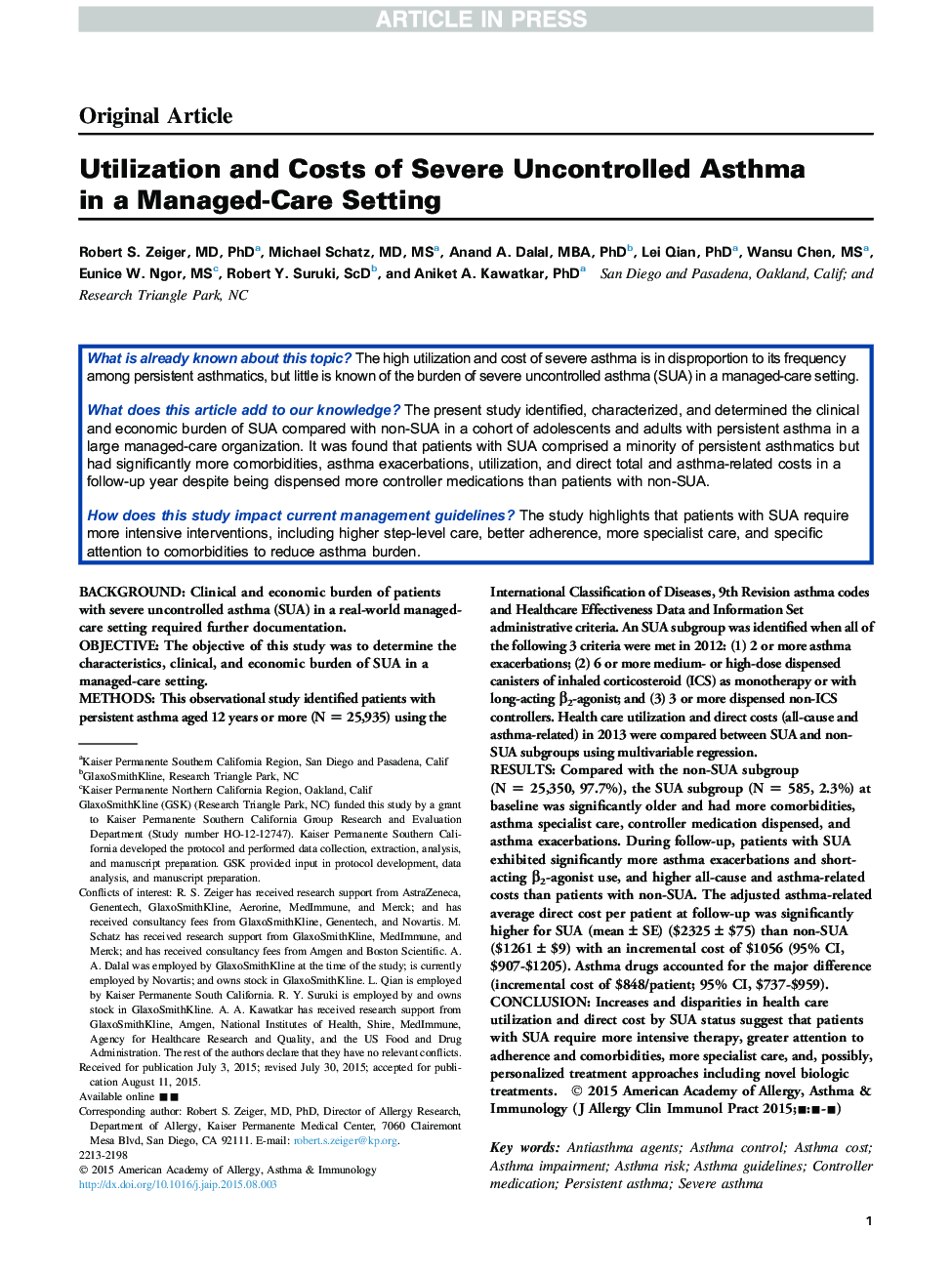 Utilization and Costs of Severe Uncontrolled Asthma in a Managed-Care Setting