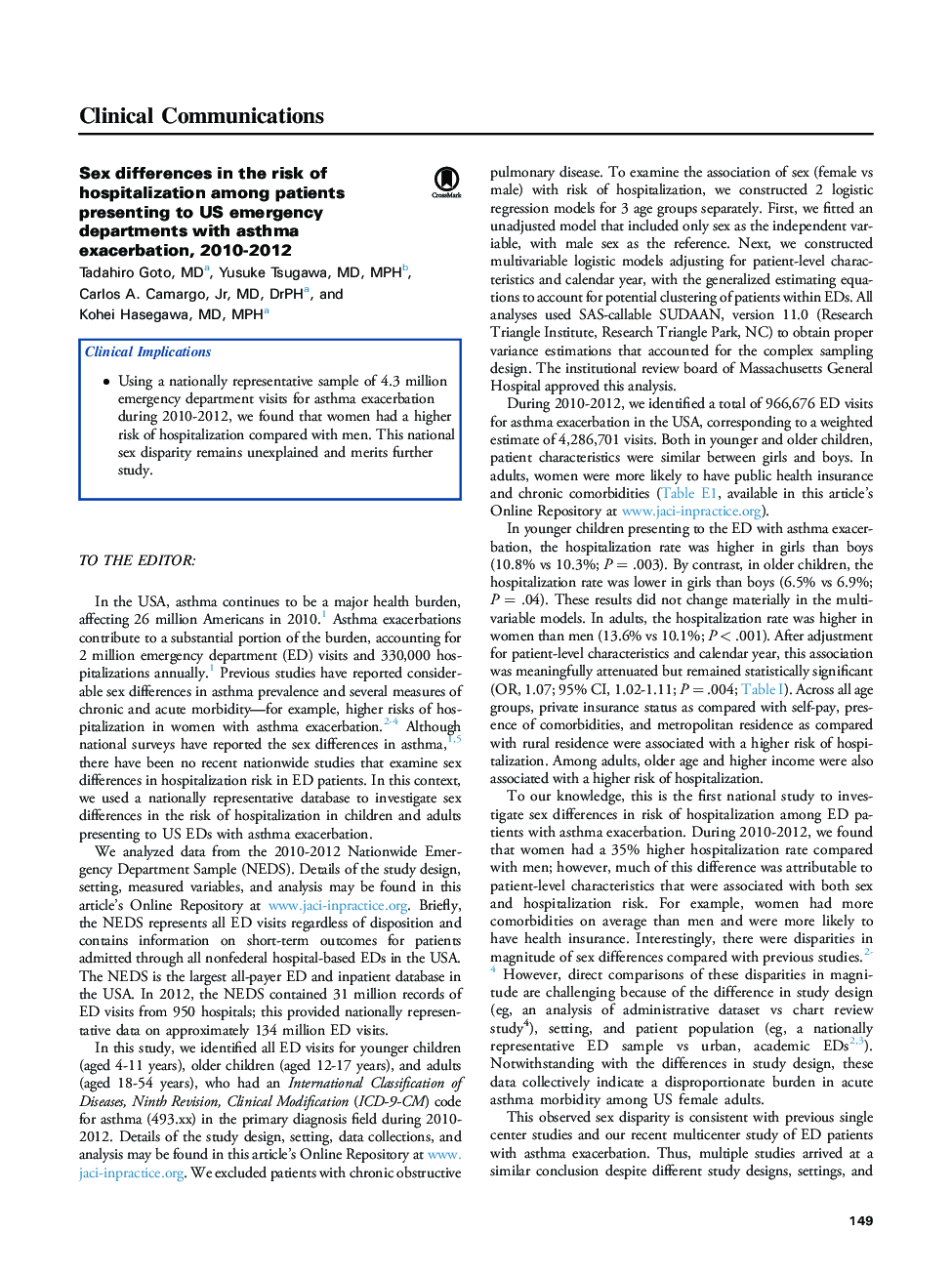 Sex differences in the risk of hospitalization among patients presenting to US emergency departments with asthma exacerbation, 2010-2012