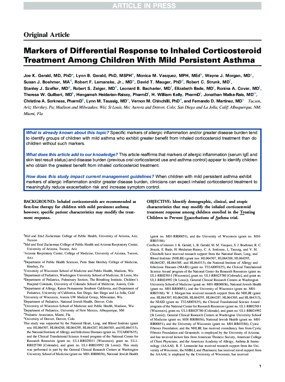 Markers of Differential Response to Inhaled Corticosteroid Treatment Among Children with Mild Persistent Asthma