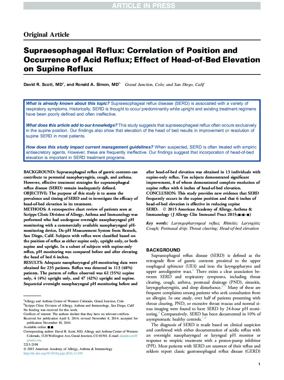 Supraesophageal Reflux: Correlation of Position and Occurrence of Acid Reflux-Effect of Head-of-Bed Elevation on Supine Reflux