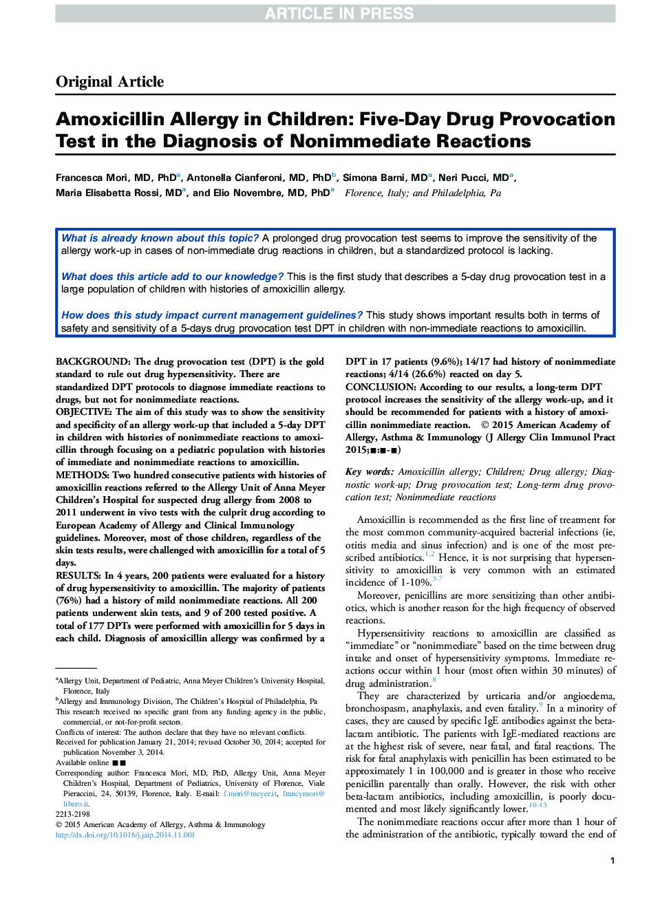 Amoxicillin Allergy in Children: Five-Day Drug Provocation Test in the Diagnosis of Nonimmediate Reactions