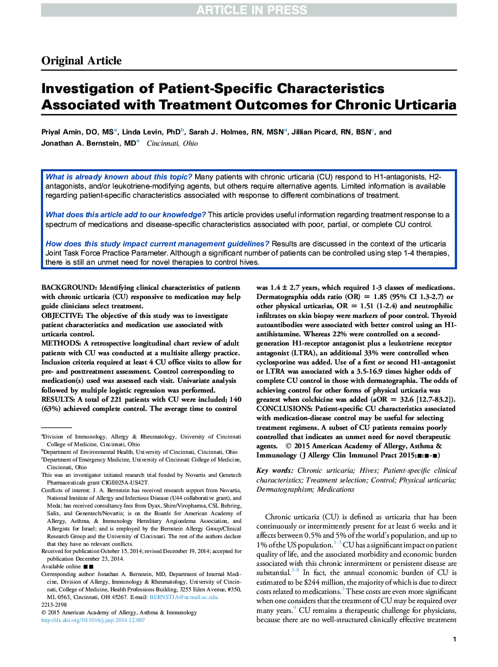 Investigation of Patient-Specific Characteristics Associated with Treatment Outcomes for Chronic Urticaria