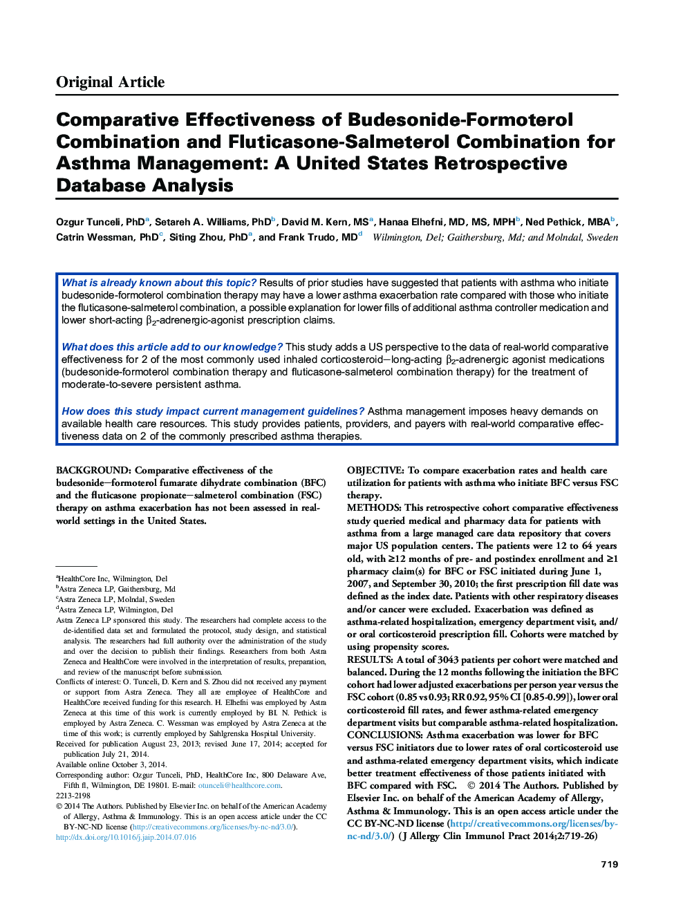 Comparative Effectiveness of Budesonide-Formoterol Combination and Fluticasone-Salmeterol Combination for Asthma Management: A United States Retrospective Database Analysis