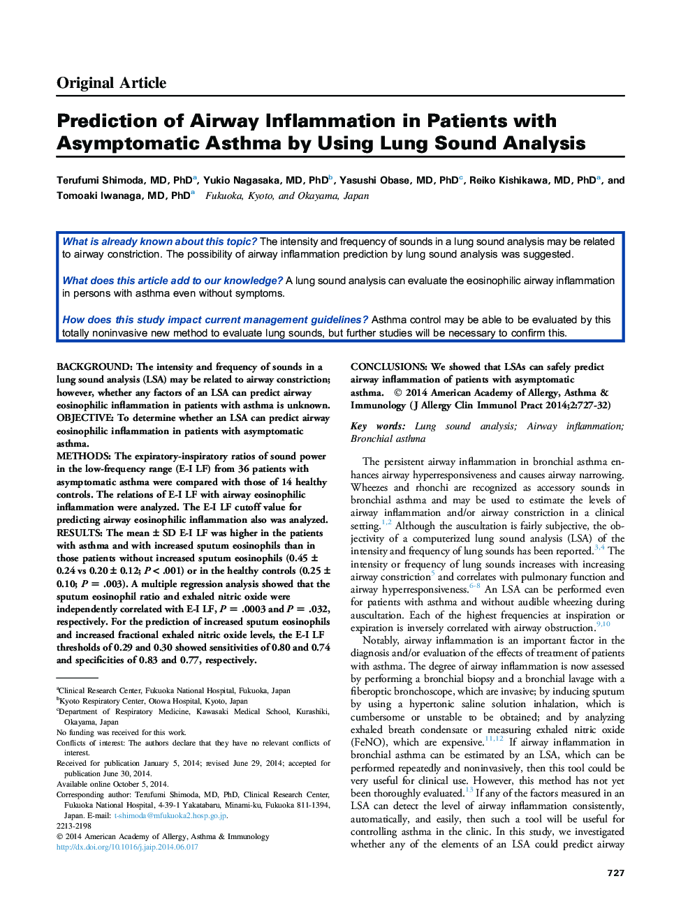 Prediction of Airway Inflammation in Patients with Asymptomatic Asthma by Using Lung Sound Analysis