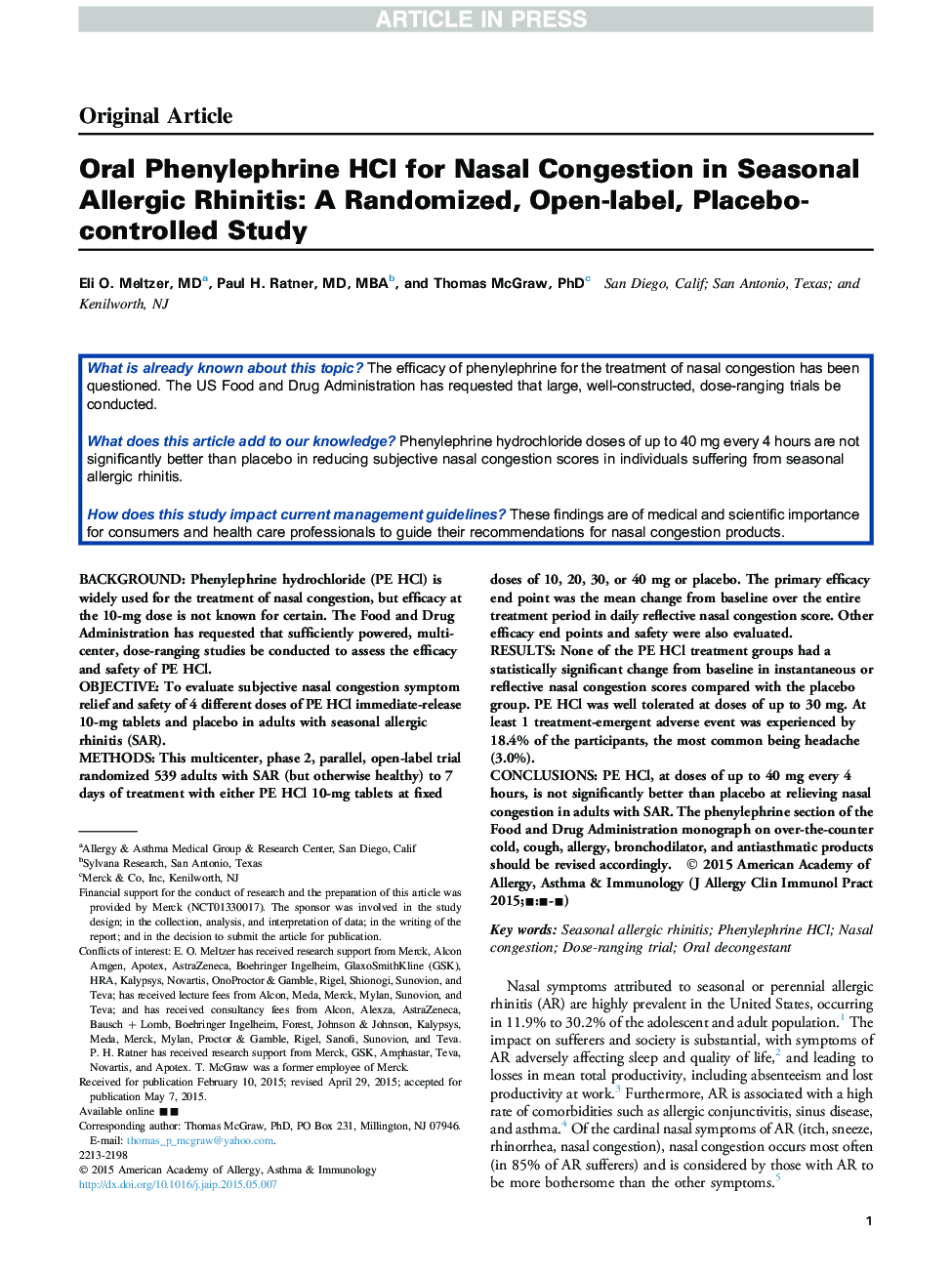 Oral Phenylephrine HCl for Nasal Congestion in Seasonal Allergic Rhinitis: A Randomized, Open-label, Placebo-controlled Study