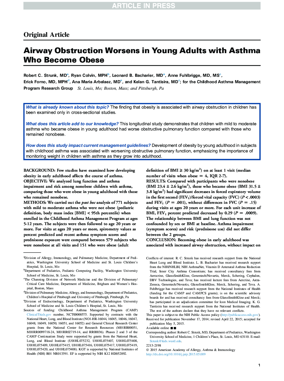 Airway Obstruction Worsens in Young Adults with Asthma Who Become Obese