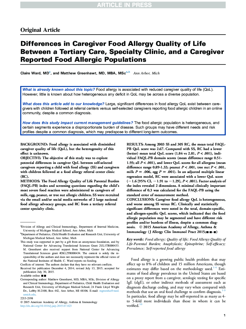 Differences in Caregiver Food Allergy Quality of Life Between Tertiary Care, Specialty Clinic, and Caregiver-Reported Food Allergic Populations