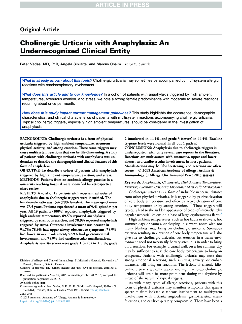 Cholinergic Urticaria with Anaphylaxis: An Underrecognized Clinical Entity