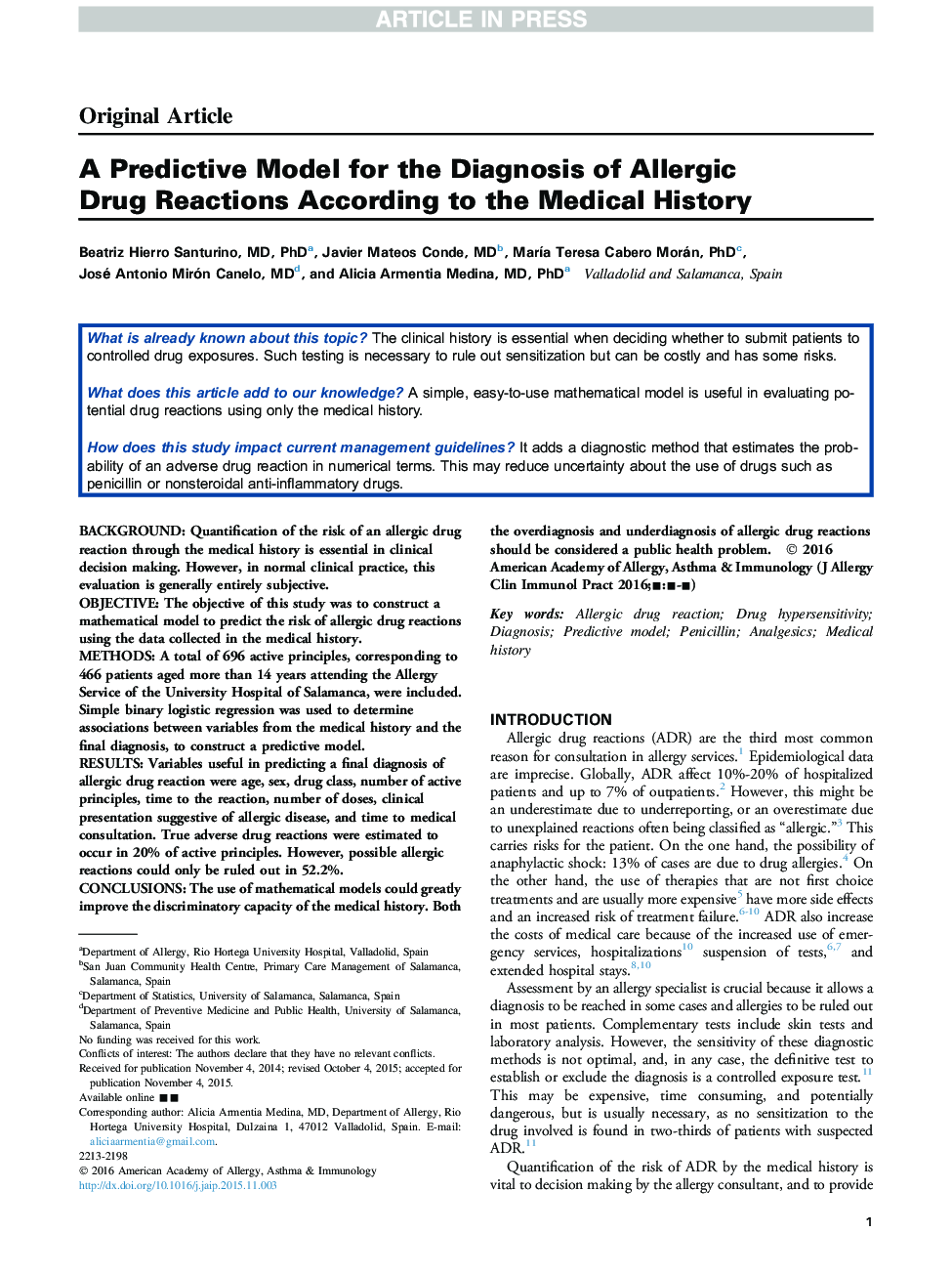 A Predictive Model for the Diagnosis of Allergic Drug Reactions According to the Medical History