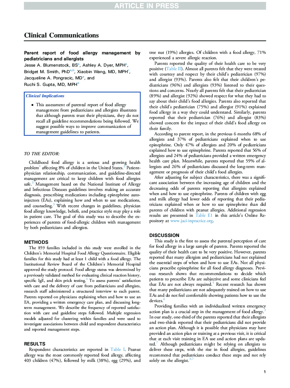 Parent report of food allergy management by pediatricians and allergists