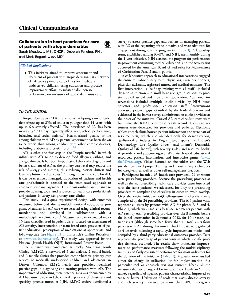 Collaboration in best practices for care of patients with atopic dermatitis