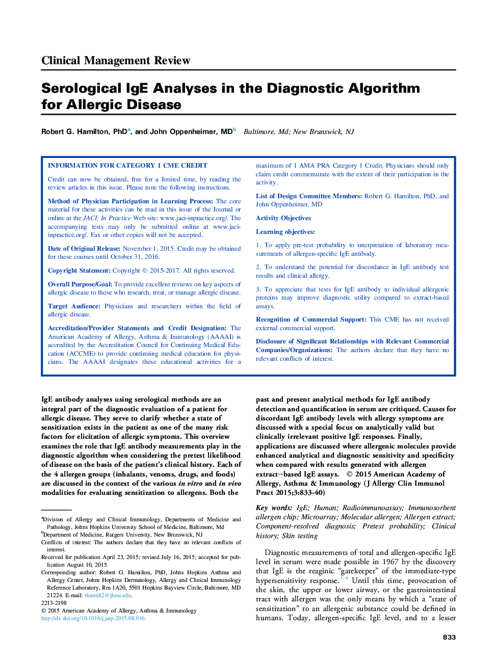 Serological IgE Analyses in the Diagnostic Algorithm for Allergic Disease
