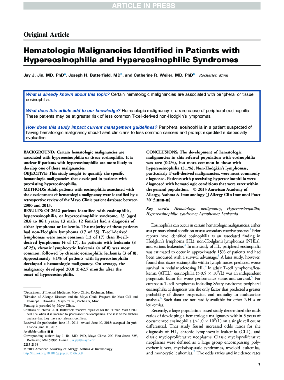 بدخیمی های هماتولوژیک شناسایی شده در بیماران مبتلا به هیپرئروسینوفیلیا و سندرم هیپرئوزینوفیل 