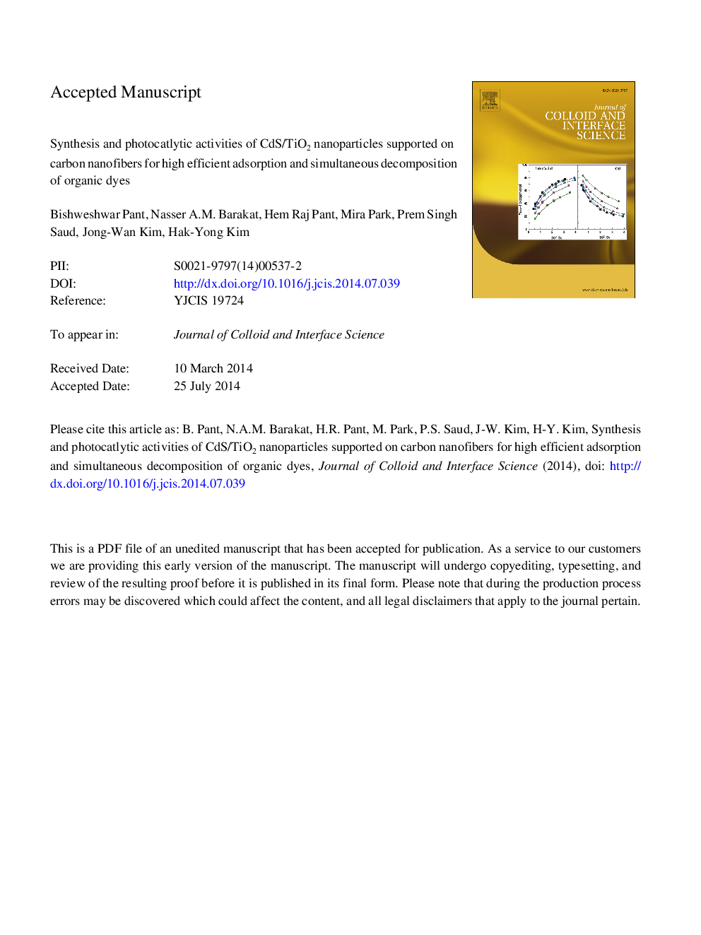 Synthesis and photocatalytic activities of CdS/TiO2 nanoparticles supported on carbon nanofibers for high efficient adsorption and simultaneous decomposition of organic dyes