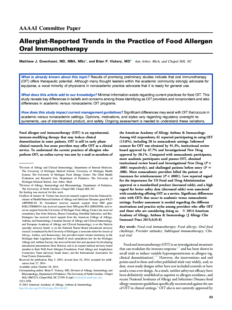 Allergist-Reported Trends in the Practice of Food Allergen Oral Immunotherapy