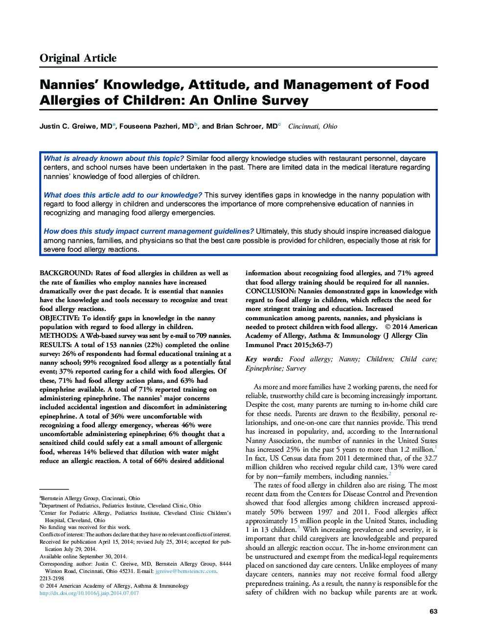 Nannies' Knowledge, Attitude, and Management of Food Allergies of Children: An Online Survey