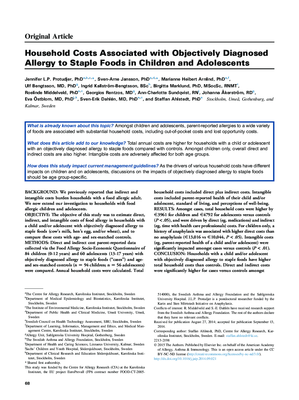 Household Costs Associated with Objectively Diagnosed Allergy to Staple Foods in Children and Adolescents