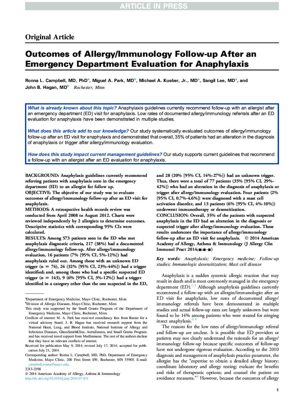 Outcomes of Allergy/Immunology Follow-Up After an Emergency Department Evaluation for Anaphylaxis