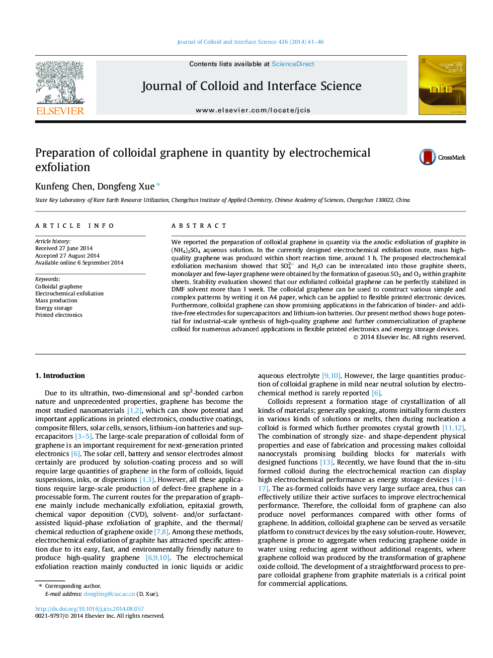 Preparation of colloidal graphene in quantity by electrochemical exfoliation