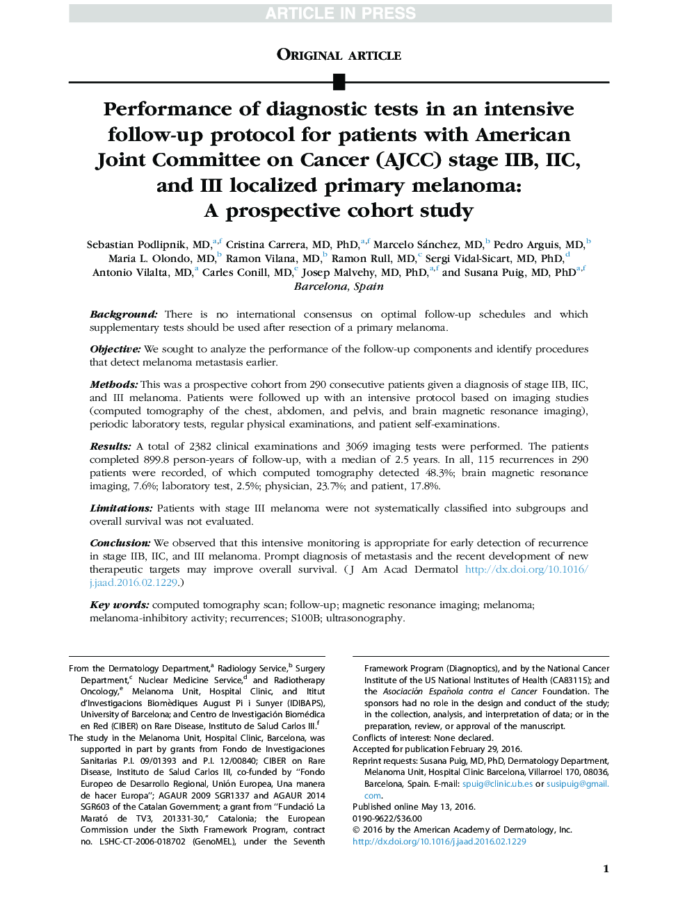 Performance of diagnostic tests in an intensive follow-up protocol for patients with American Joint Committee on Cancer (AJCC) stage IIB, IIC, and III localized primary melanoma: A prospective cohort study