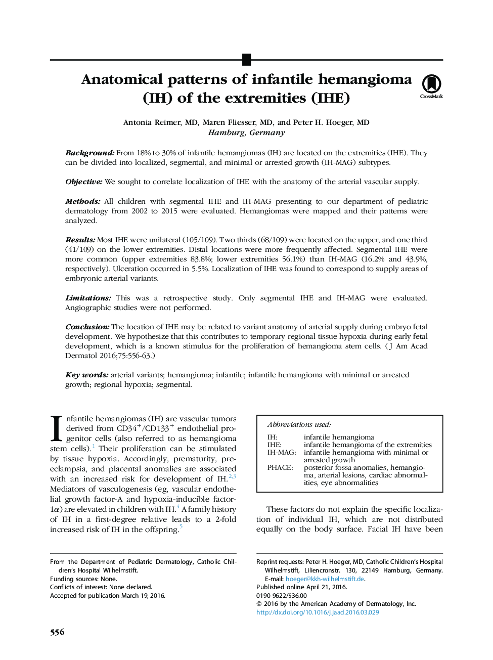 Original articleAnatomical patterns of infantile hemangioma (IH) of the extremities (IHE)