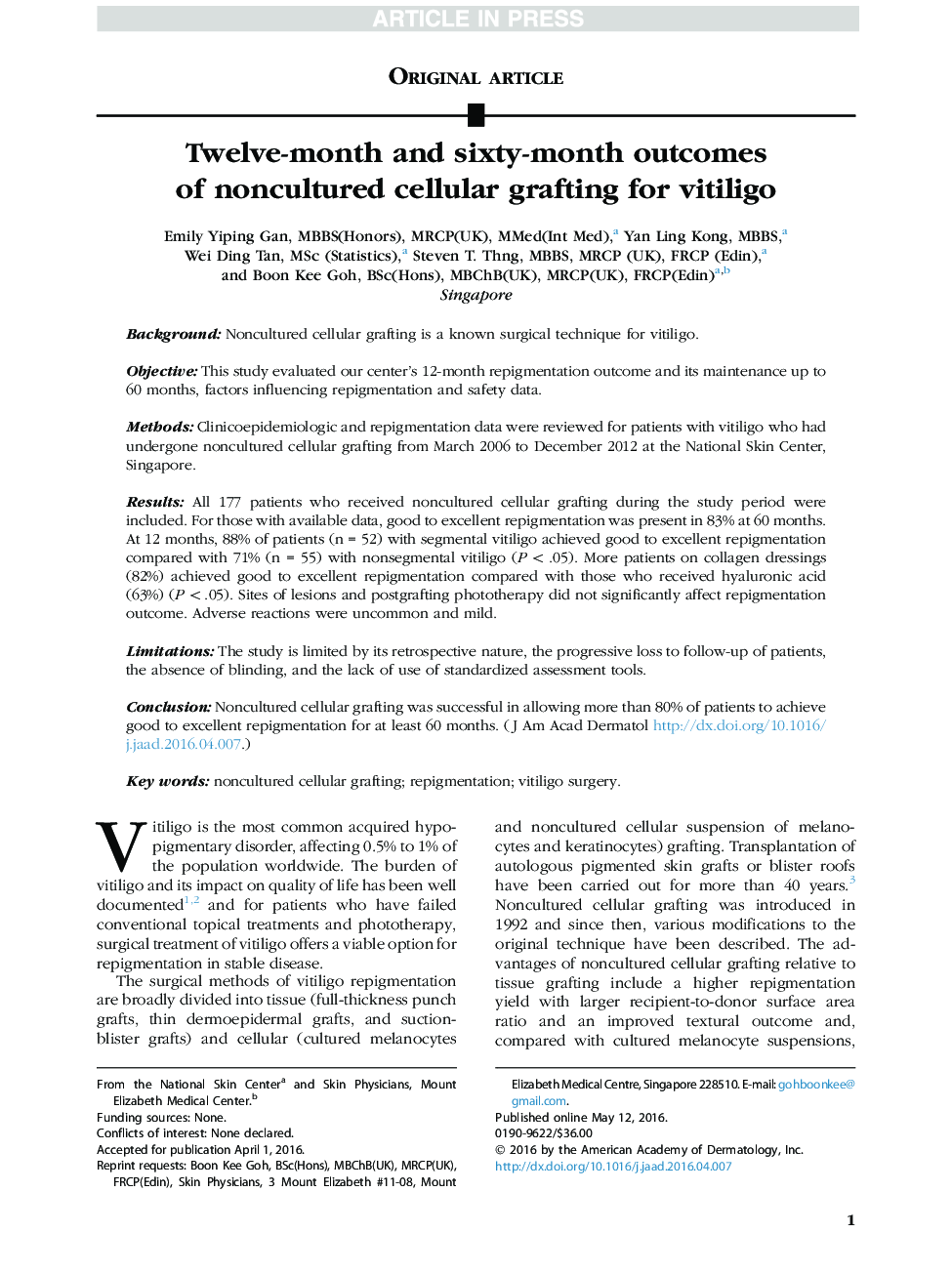 Twelve-month and sixty-month outcomes of noncultured cellular grafting for vitiligo