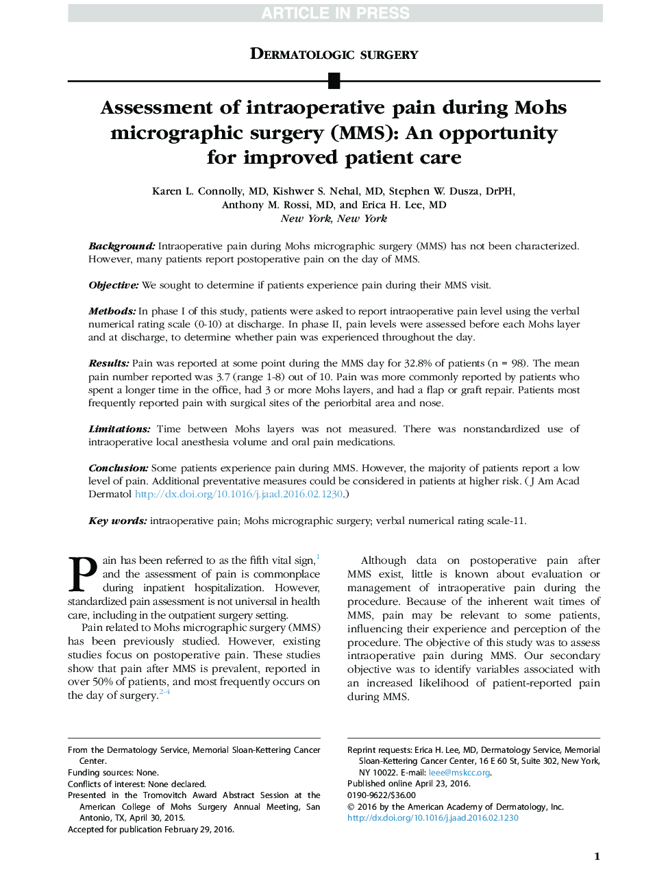 Assessment of intraoperative pain during Mohs micrographic surgery (MMS): An opportunity for improved patient care