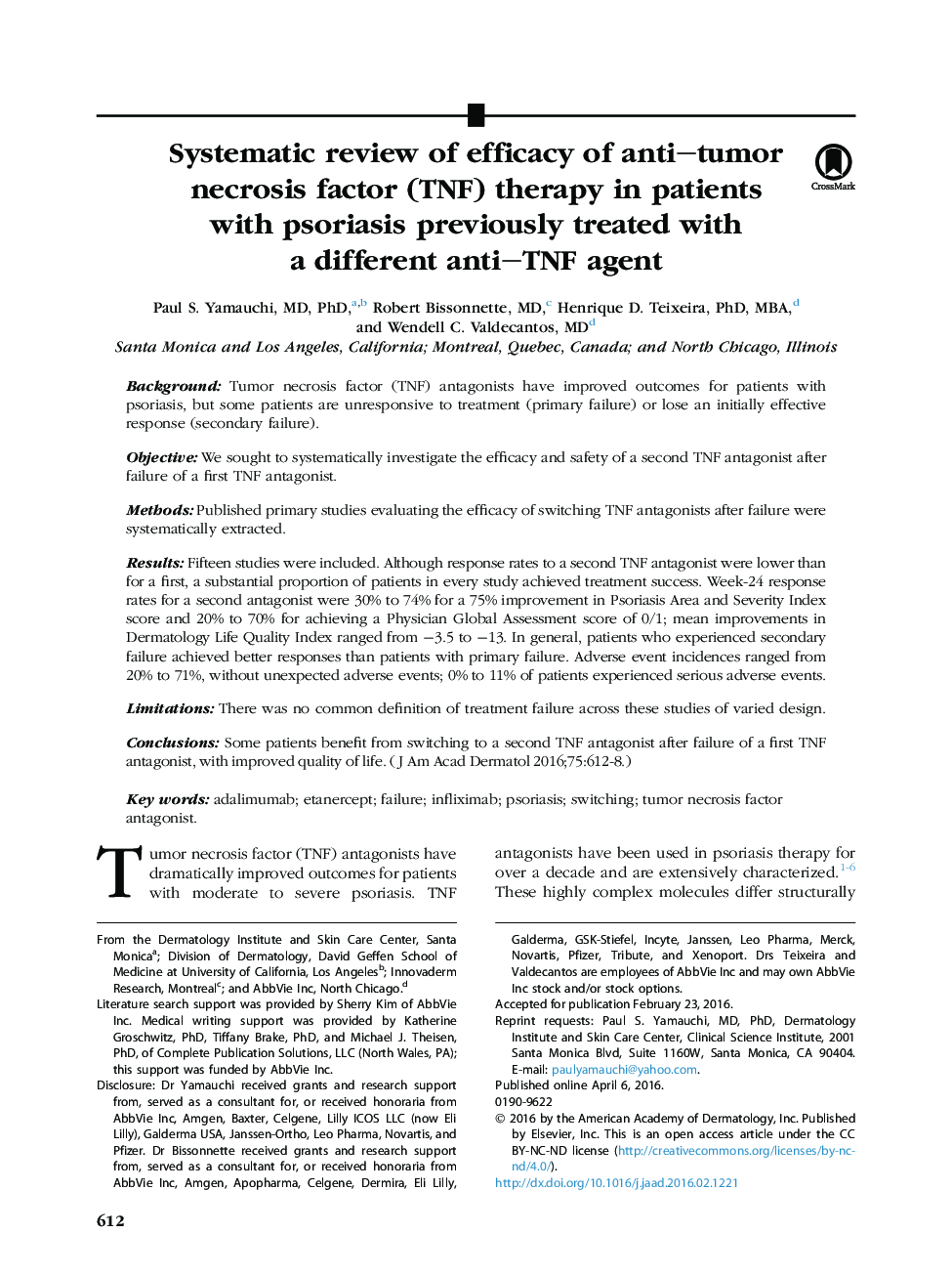 ReviewSystematic review of efficacy of anti-tumor necrosis factor (TNF) therapy in patients with psoriasis previously treated with a different anti-TNF agent