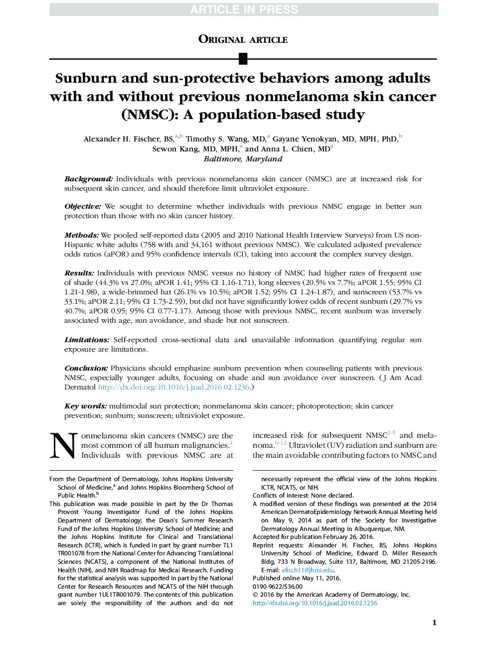 Sunburn and sun-protective behaviors among adults with and without previous nonmelanoma skin cancer (NMSC): A population-based study