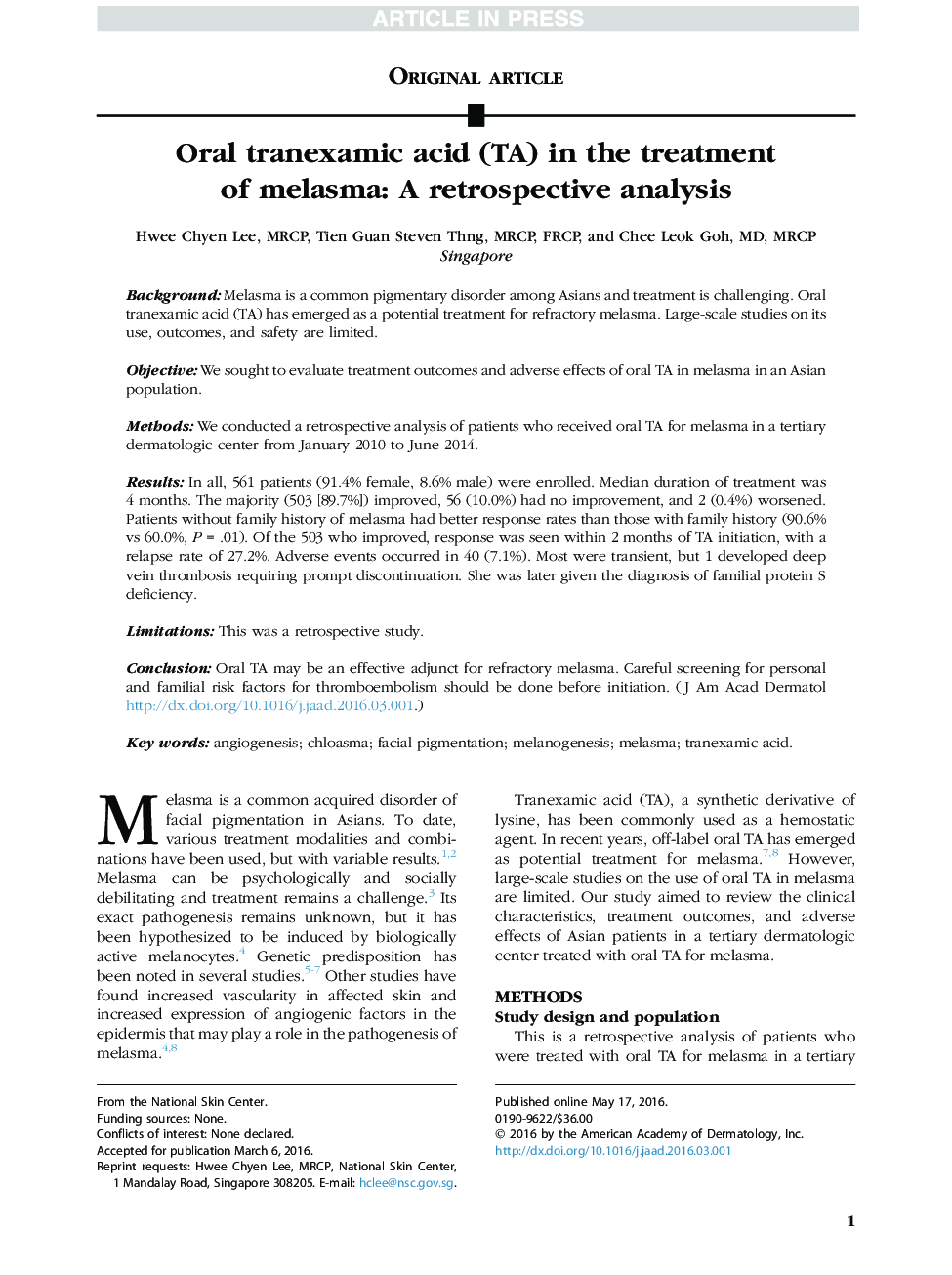 Oral tranexamic acid (TA) in the treatment of melasma: A retrospective analysis