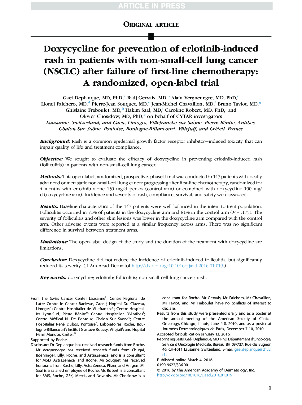 Doxycycline for prevention of erlotinib-induced rash in patients with non-small-cell lung cancer (NSCLC) after failure of first-line chemotherapy: A randomized, open-label trial