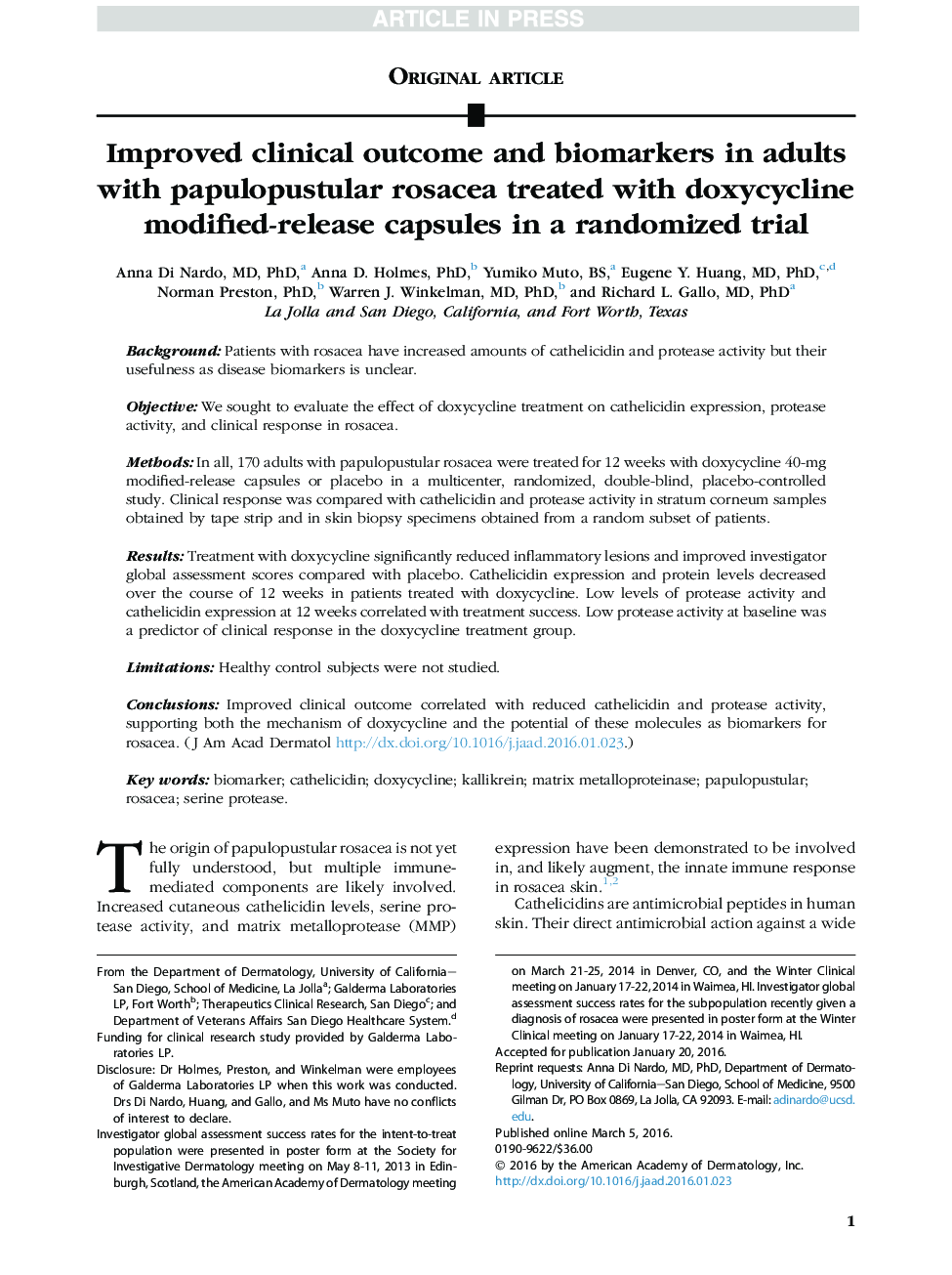 نتایج بالینی بهبود یافته و نشانگرهای بیولوژیک در بزرگسالان مبتلا به اسپاسم پاپولوپوستولی تحت درمان با کپسول های داکسی سیکلین اصلاح شده در یک آزمایش تصادفی 