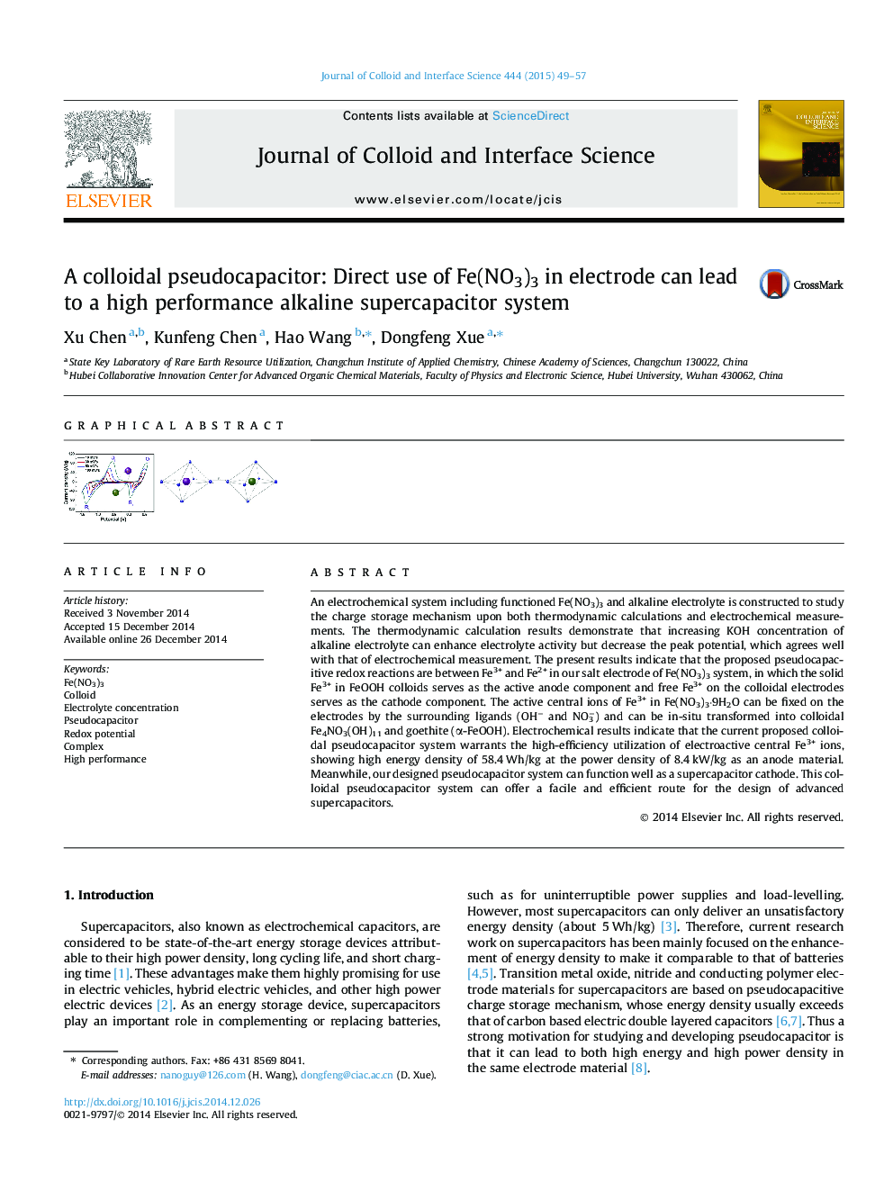 A colloidal pseudocapacitor: Direct use of Fe(NO3)3 in electrode can lead to a high performance alkaline supercapacitor system