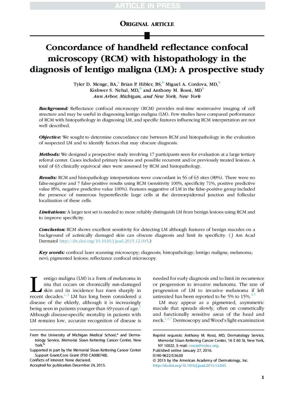 Concordance of handheld reflectance confocal microscopy (RCM) with histopathology in the diagnosis of lentigo maligna (LM): A prospective study