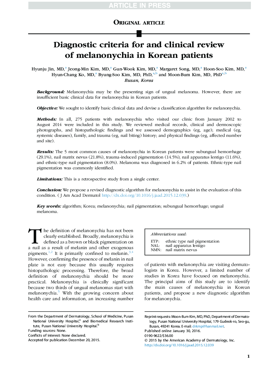 معیارهای تشخیصی و بررسی بالینی ملانونشیا در بیماران کره ای 