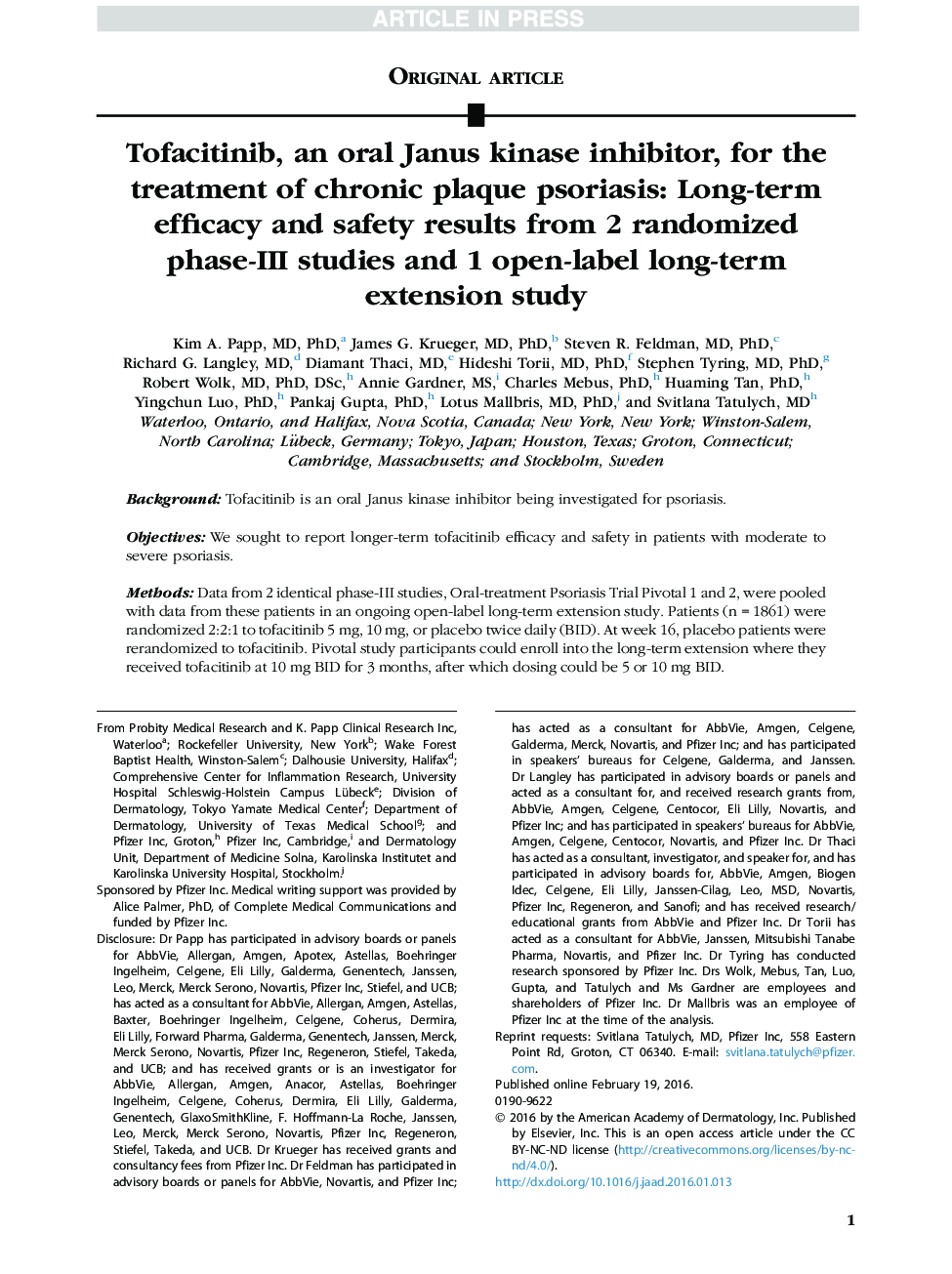 Tofacitinib, an oral Janus kinase inhibitor, for the treatment of chronic plaque psoriasis: Long-term efficacy and safety results from 2 randomized phase-III studies and 1 open-label long-term extension study
