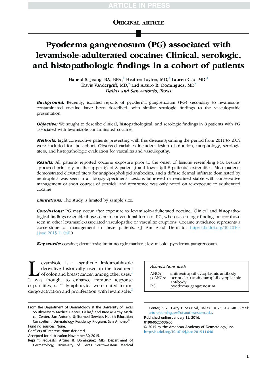 Pyoderma gangrenosum (PG) associated with levamisole-adulterated cocaine: Clinical, serologic, and histopathologic findings in a cohort of patients