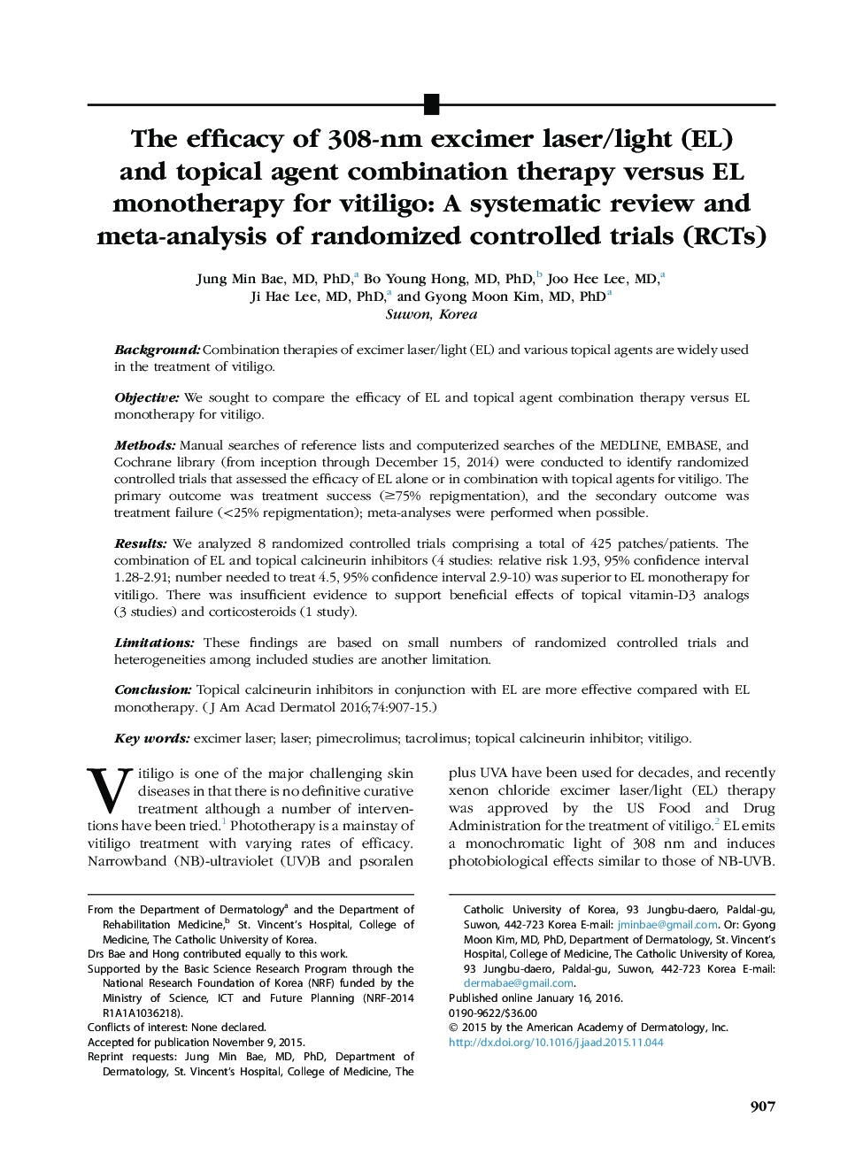 Original articleThe efficacy of 308-nm excimer laser/light (EL) and topical agent combination therapy versus EL monotherapy for vitiligo: A systematic review and meta-analysis of randomized controlled trials (RCTs)