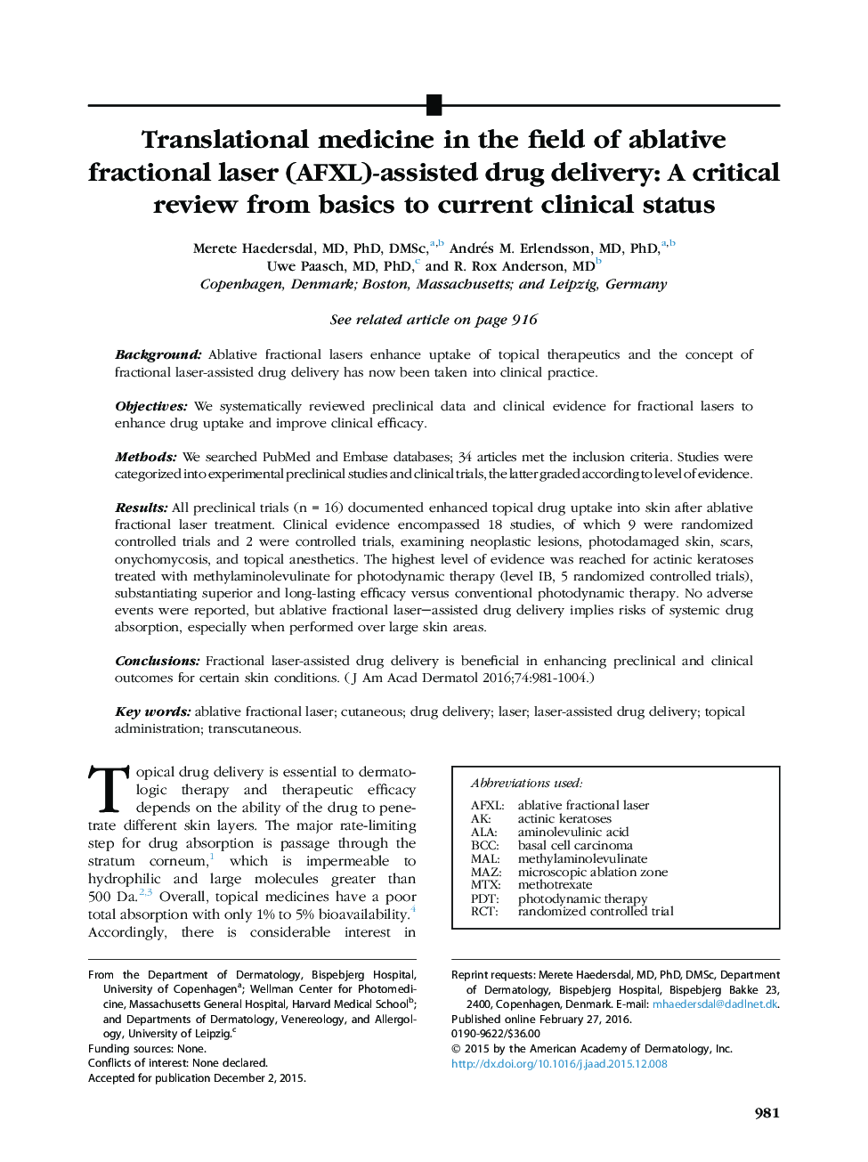 ReviewTranslational medicine in the field of ablative fractional laser (AFXL)-assisted drug delivery: A critical review from basics to current clinical status