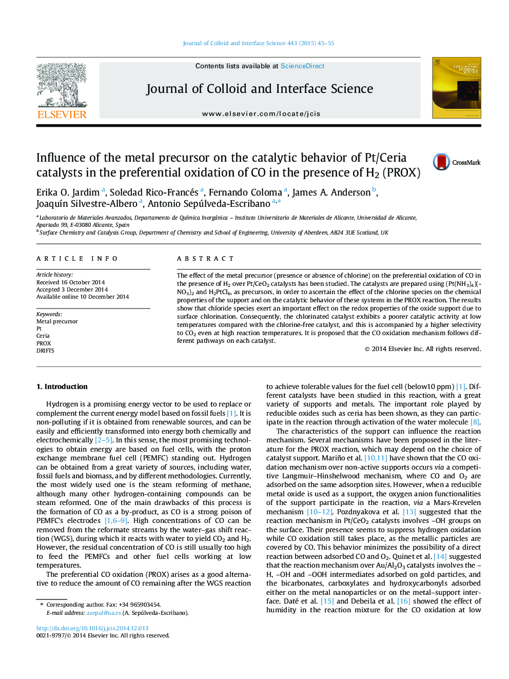 Influence of the metal precursor on the catalytic behavior of Pt/Ceria catalysts in the preferential oxidation of CO in the presence of H2 (PROX)