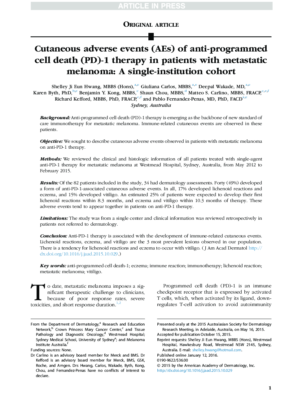 Cutaneous adverse events (AEs) of anti-programmed cell death (PD)-1 therapy in patients with metastatic melanoma: A single-institution cohort