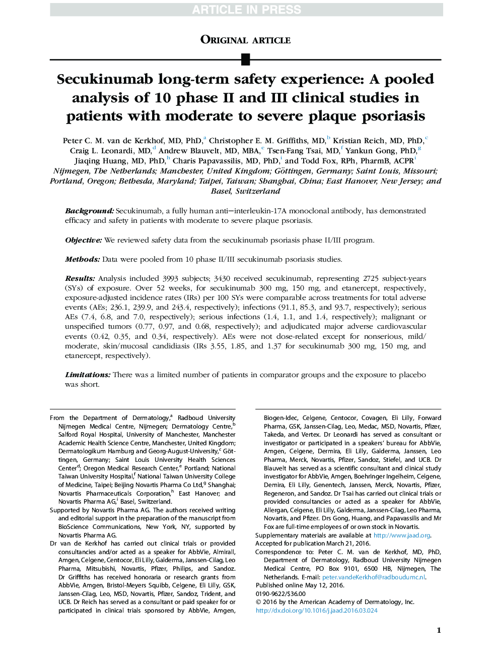 Secukinumab long-term safety experience: A pooled analysis of 10 phase II and III clinical studies in patients with moderate to severe plaque psoriasis