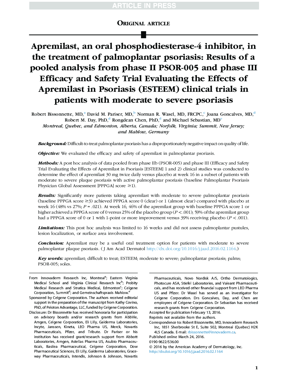 عکس صفحه اول مقاله: Apremilast, an oral phosphodiesterase-4 inhibitor, in the treatment of palmoplantar psoriasis: Results of a pooled analysis from phase II PSOR-005 and phase III Efficacy and Safety Trial Evaluating the Effects of Apremilast in Psoriasis (ESTEEM) clinical Apremilast, an oral phosphodiesterase-4 inhibitor, in the treatment of palmoplantar psoriasis: Results of a pooled analysis from phase II PSOR-005 and phase III Efficacy and Safety Trial Evaluating the Effects of Apremilast in Psoriasis (ESTEEM) clinical