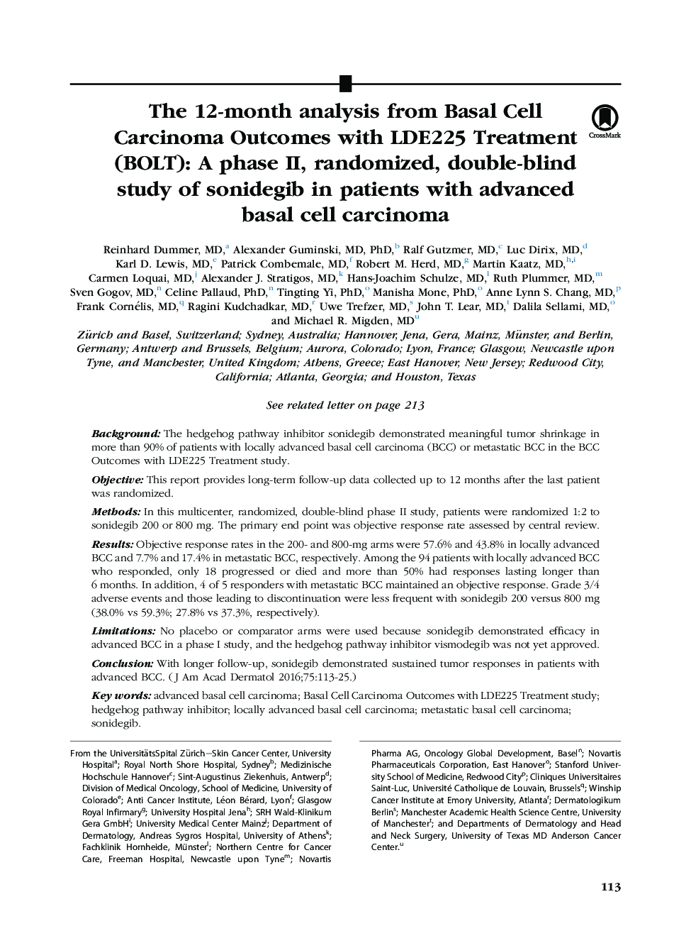 Original articleThe 12-month analysis from Basal Cell Carcinoma Outcomes with LDE225 Treatment (BOLT): A phase II, randomized, double-blind study of sonidegib in patients with advanced basal cell carcinoma