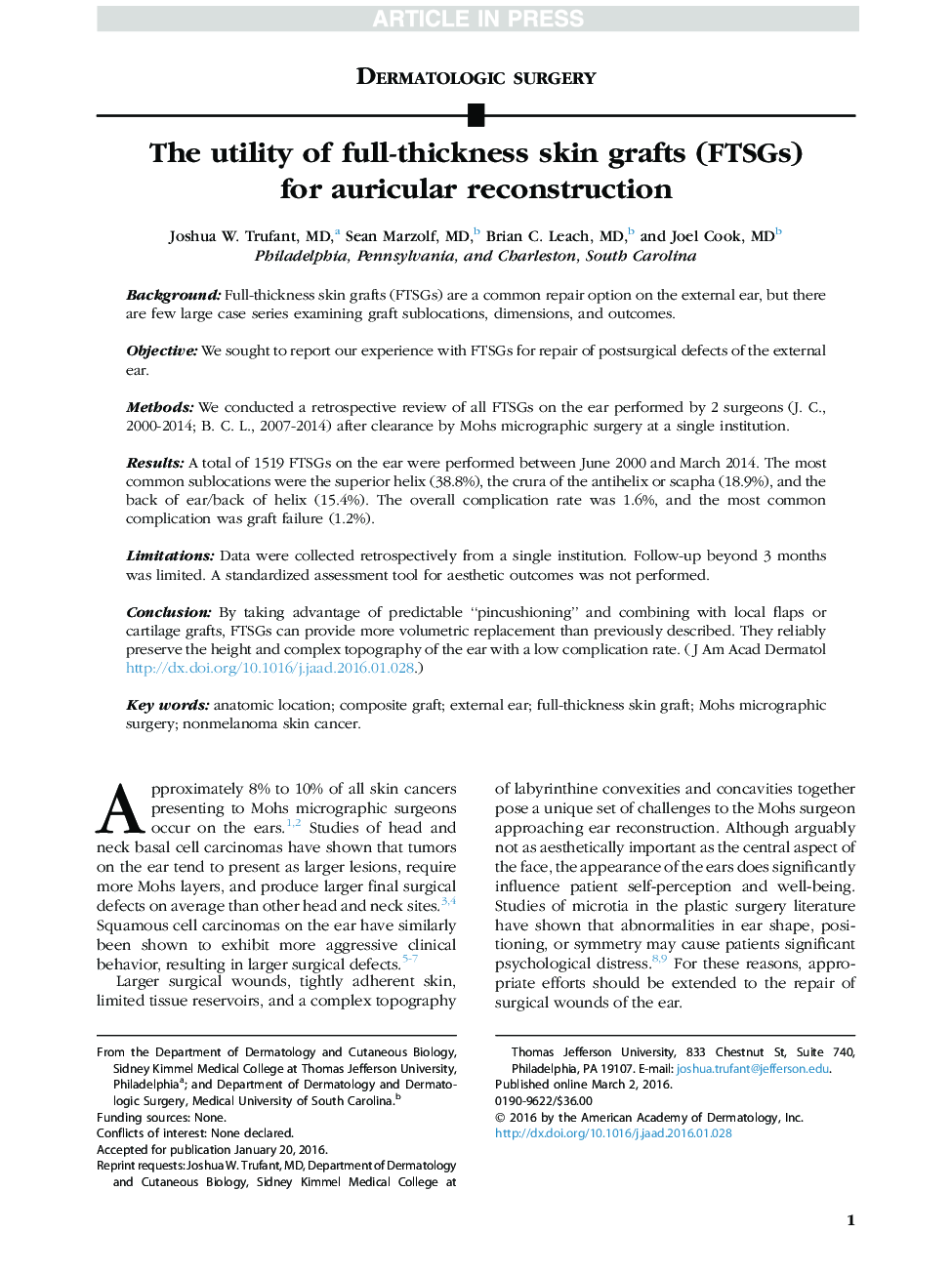 The utility of full-thickness skin grafts (FTSGs) for auricular reconstruction