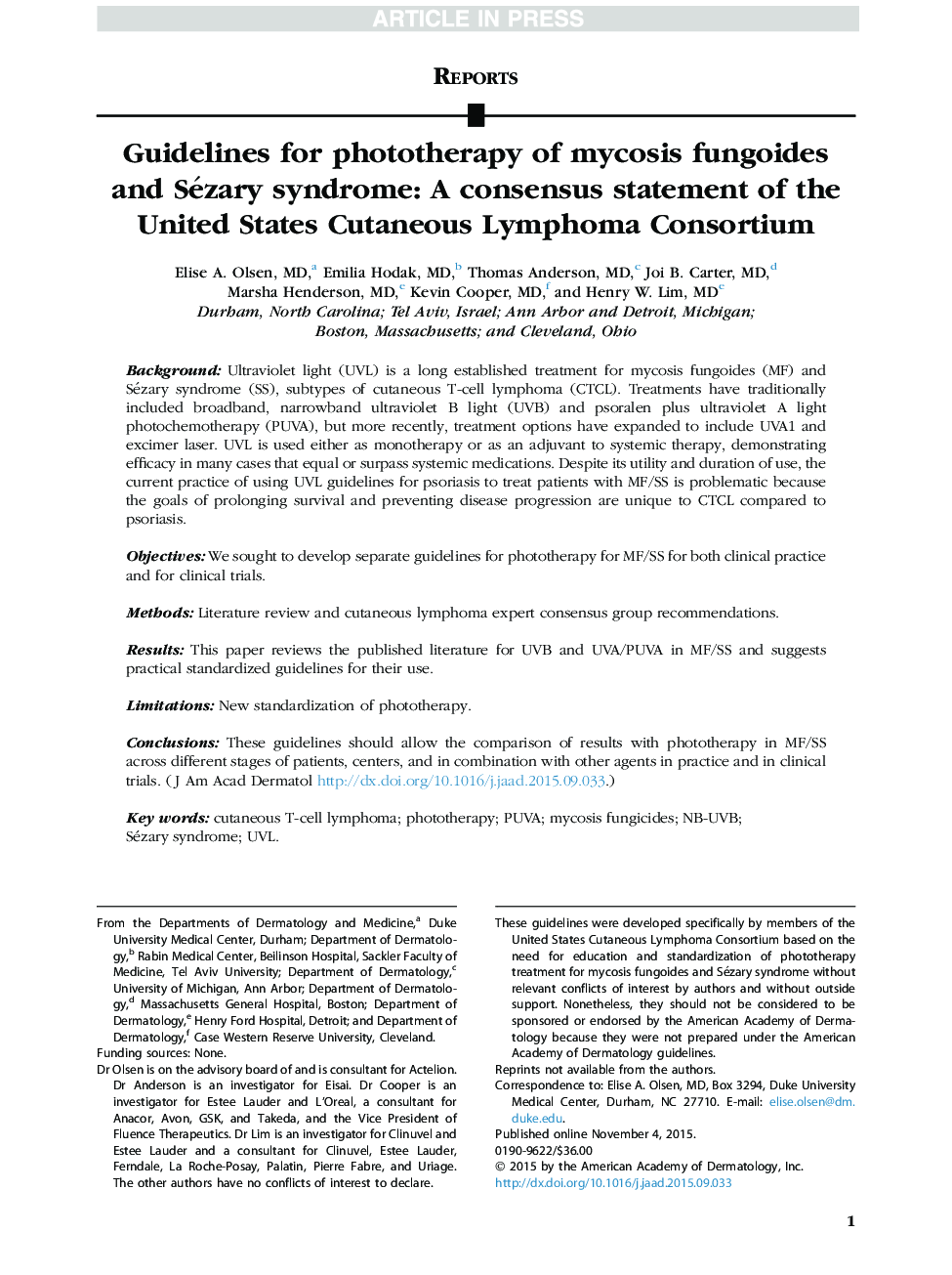 Guidelines for phototherapy of mycosis fungoides and Sézary syndrome: A consensus statement of the United States Cutaneous Lymphoma Consortium